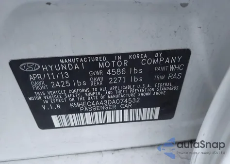 2013 Hyundai Sonata Hybrid z USA, uszkodzony, nr VIN KMHEC4A43DA074532